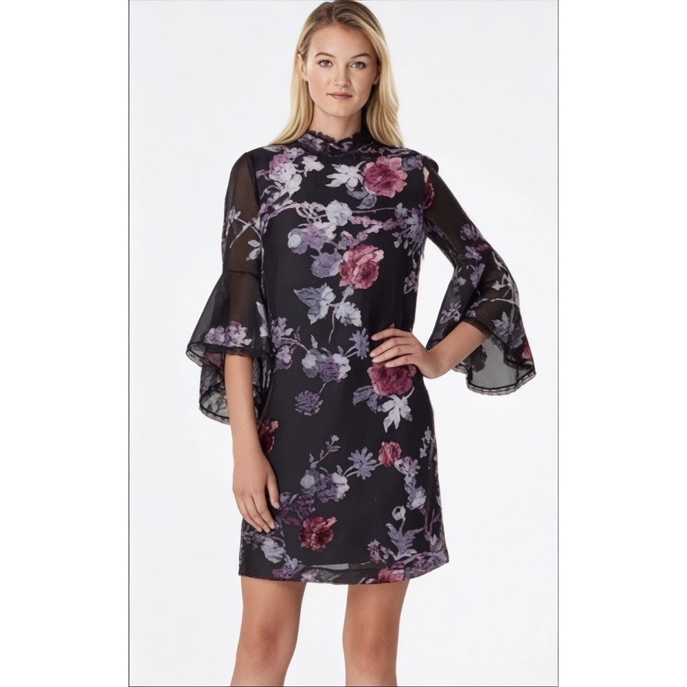 Tahari Asl Floral Velvet Burnout Shift Dress Women 4 Black Bell Sleeve Whimsical